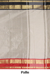 Silver checked semi soft silk saree with contrast zari border and matching striped blouse