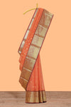 Orange and pink checked zari motifs semi soft silk saree with contrast zari border and motifs blouse