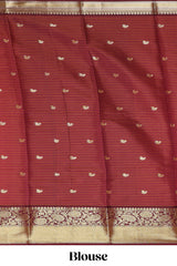 Orange and pink checked zari motifs semi soft silk saree with contrast zari border and motifs blouse