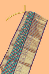 Multi color checked zari motifs semi soft silk saree with contrast zari border and motifs blouse