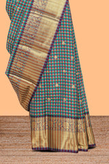 Multi color checked zari motifs semi soft silk saree with contrast zari border and motifs blouse