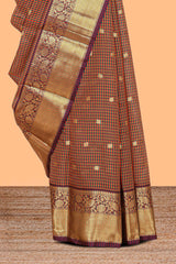Multi color checked zari motifs semi soft silk saree with contrast zari border and motifs blouse