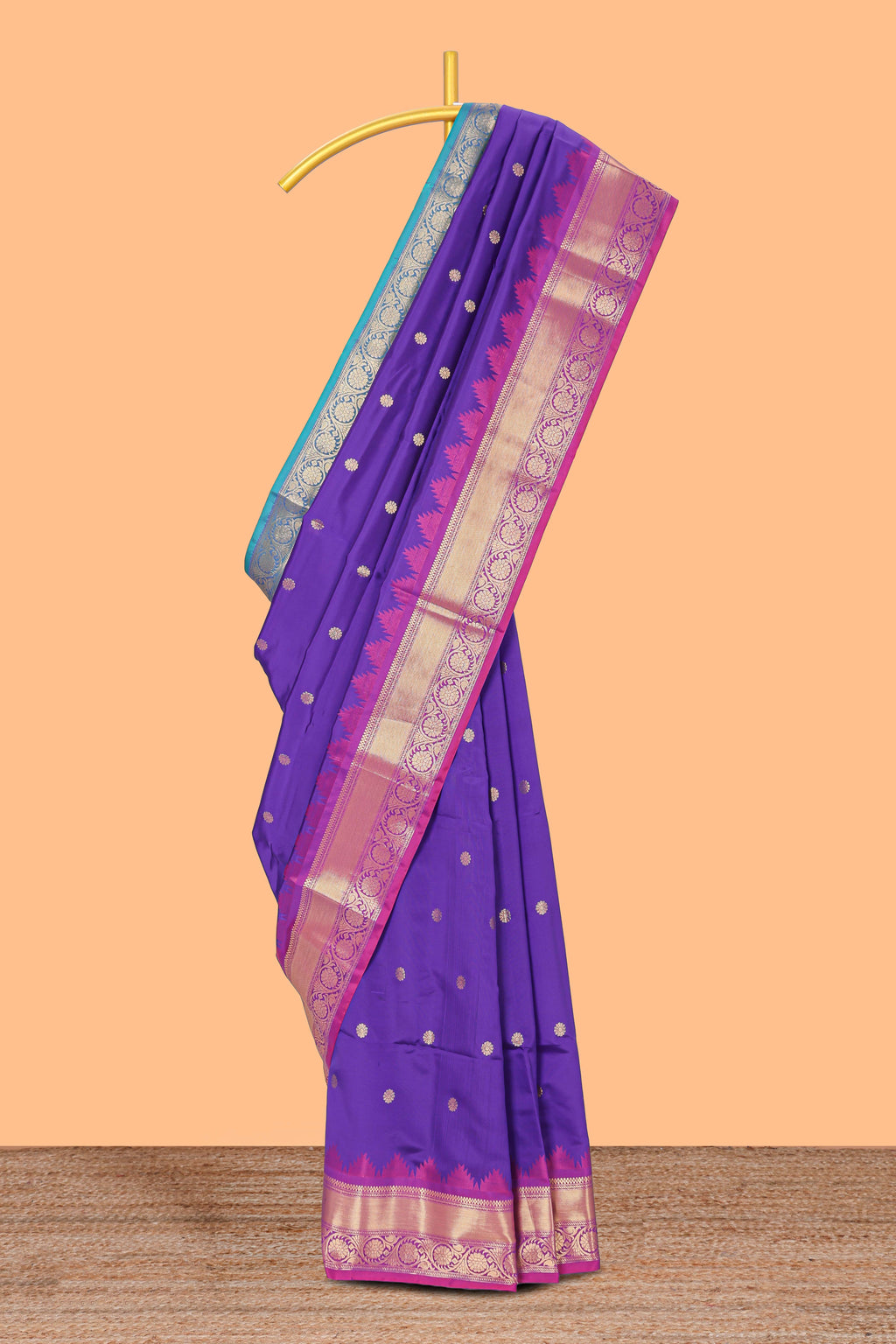 Lavender zari motifs designed semi soft silk saree with contrast temple zari border and matching blouse