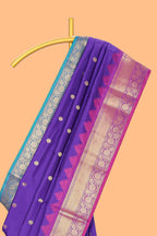 Lavender zari motifs designed semi soft silk saree with contrast temple zari border and matching blouse