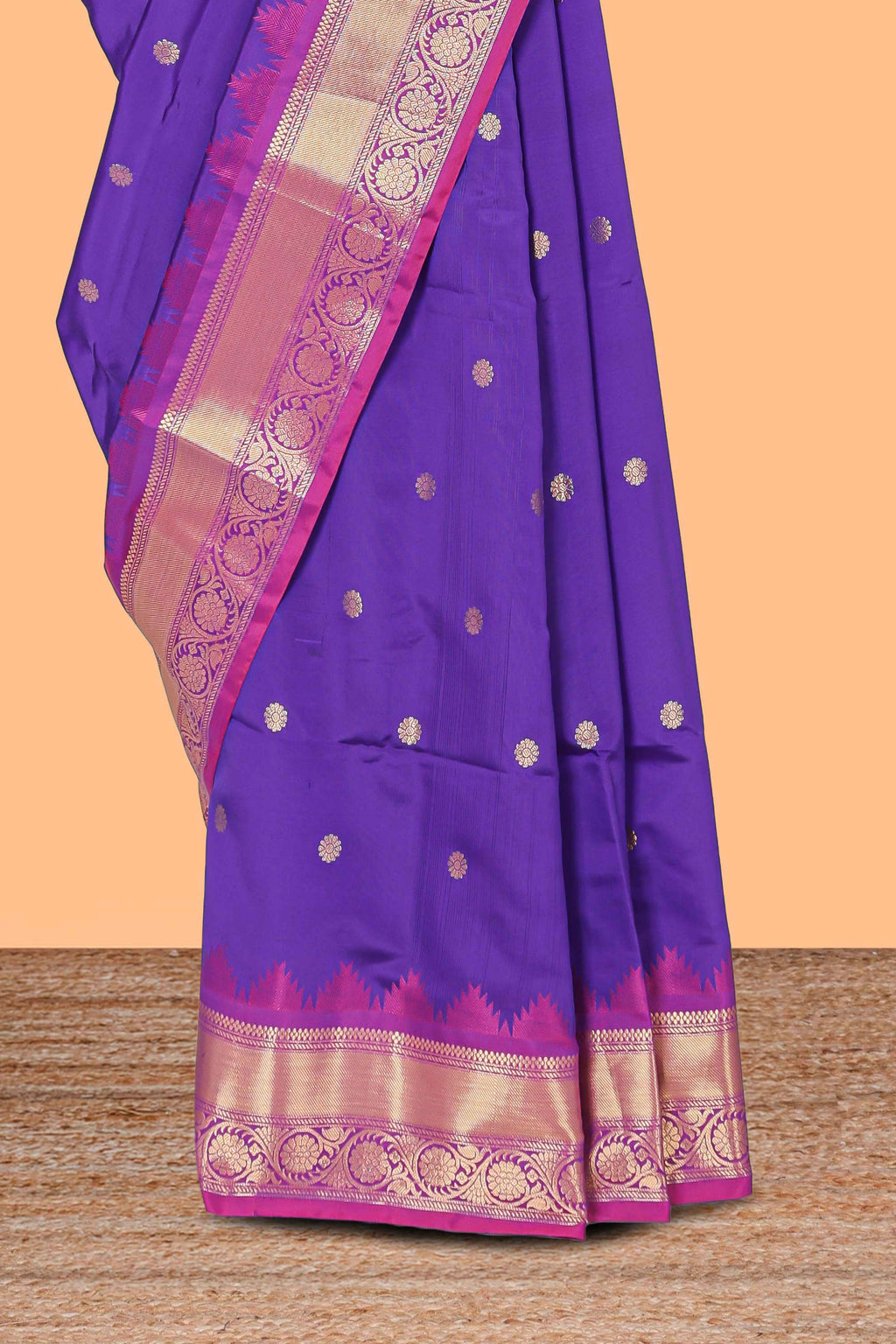 Lavender zari motifs designed semi soft silk saree with contrast temple zari border and matching blouse