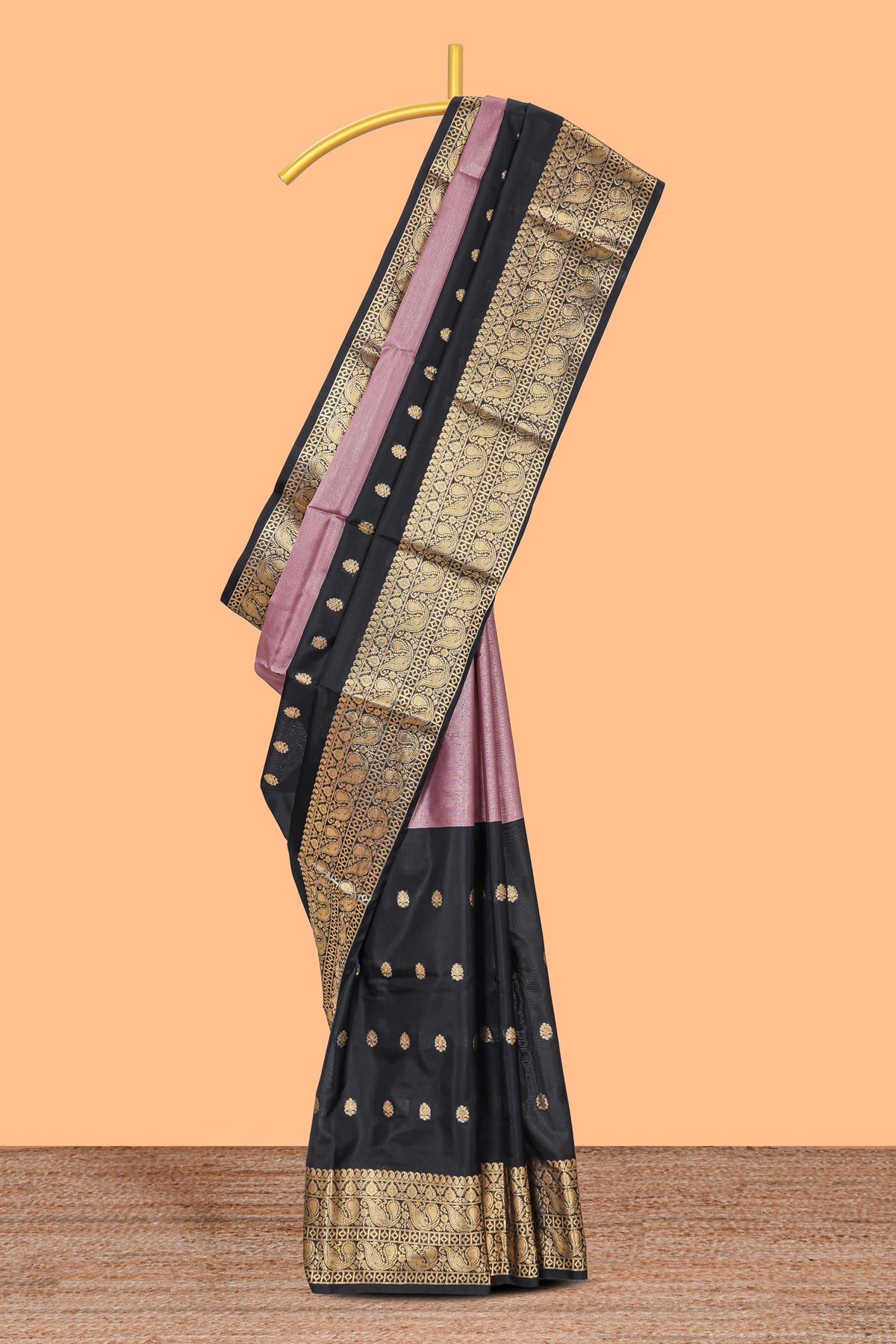 Black & Peach floral zari motifs design semi soft silk saree with self border and matching striped blouse
