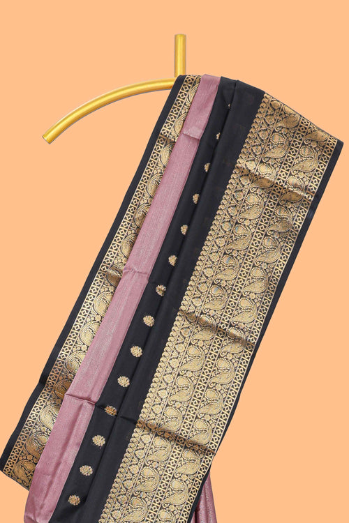 Black & Peach floral zari motifs design semi soft silk saree with self border and matching striped blouse