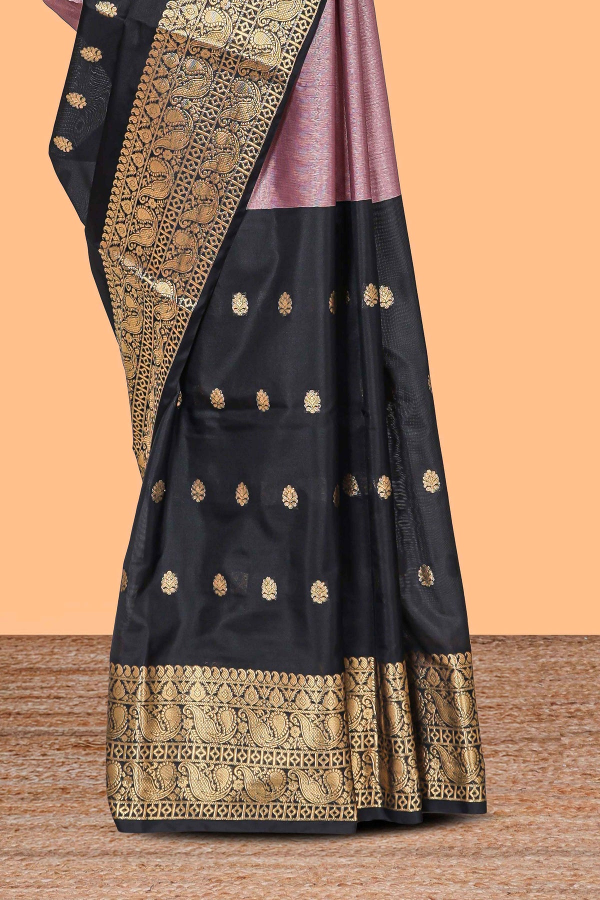 Black & Peach floral zari motifs design semi soft silk saree with self border and matching striped blouse