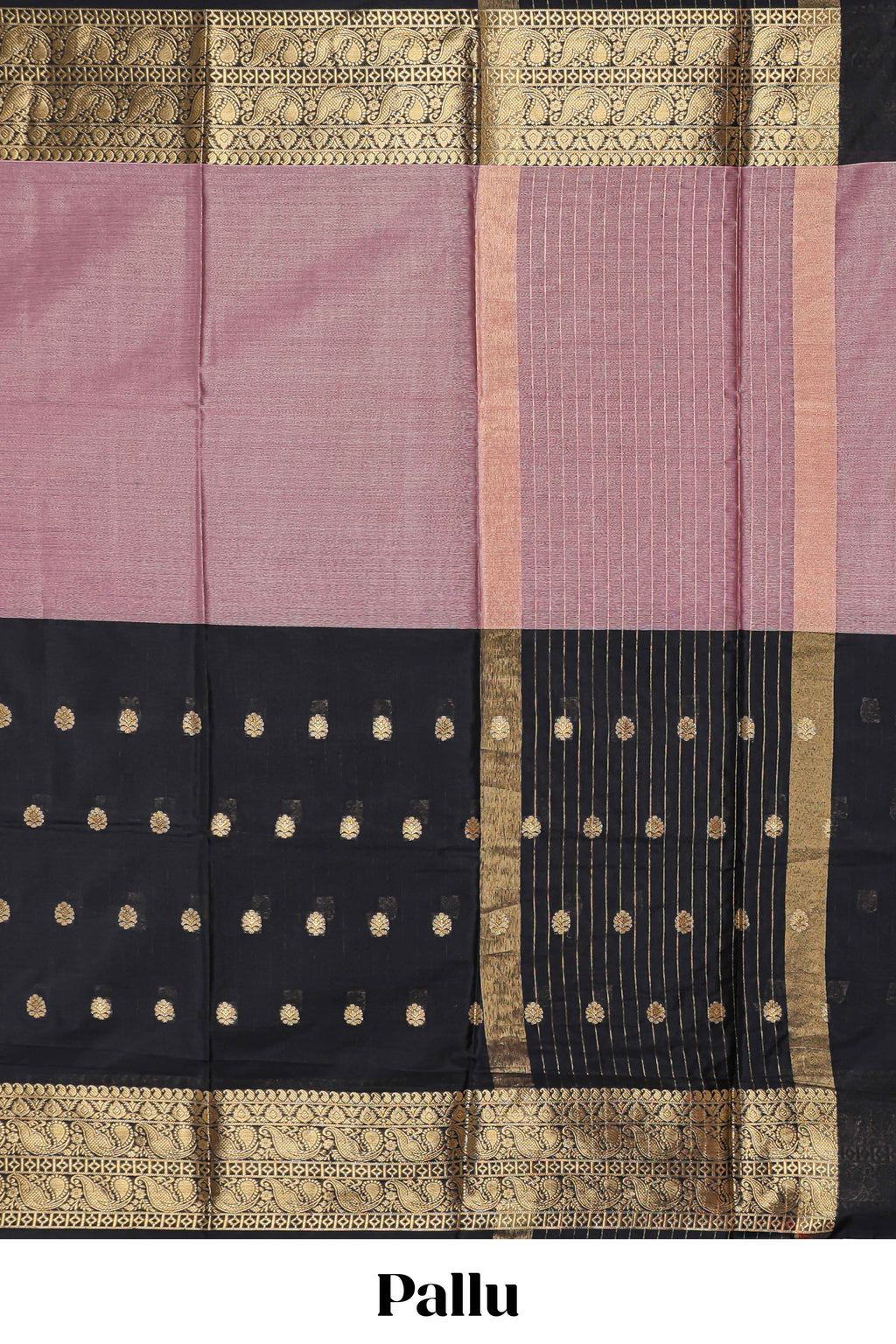 Black & Peach floral zari motifs design semi soft silk saree with self border and matching striped blouse