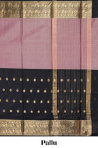 Black & Peach floral zari motifs design semi soft silk saree with self border and matching striped blouse