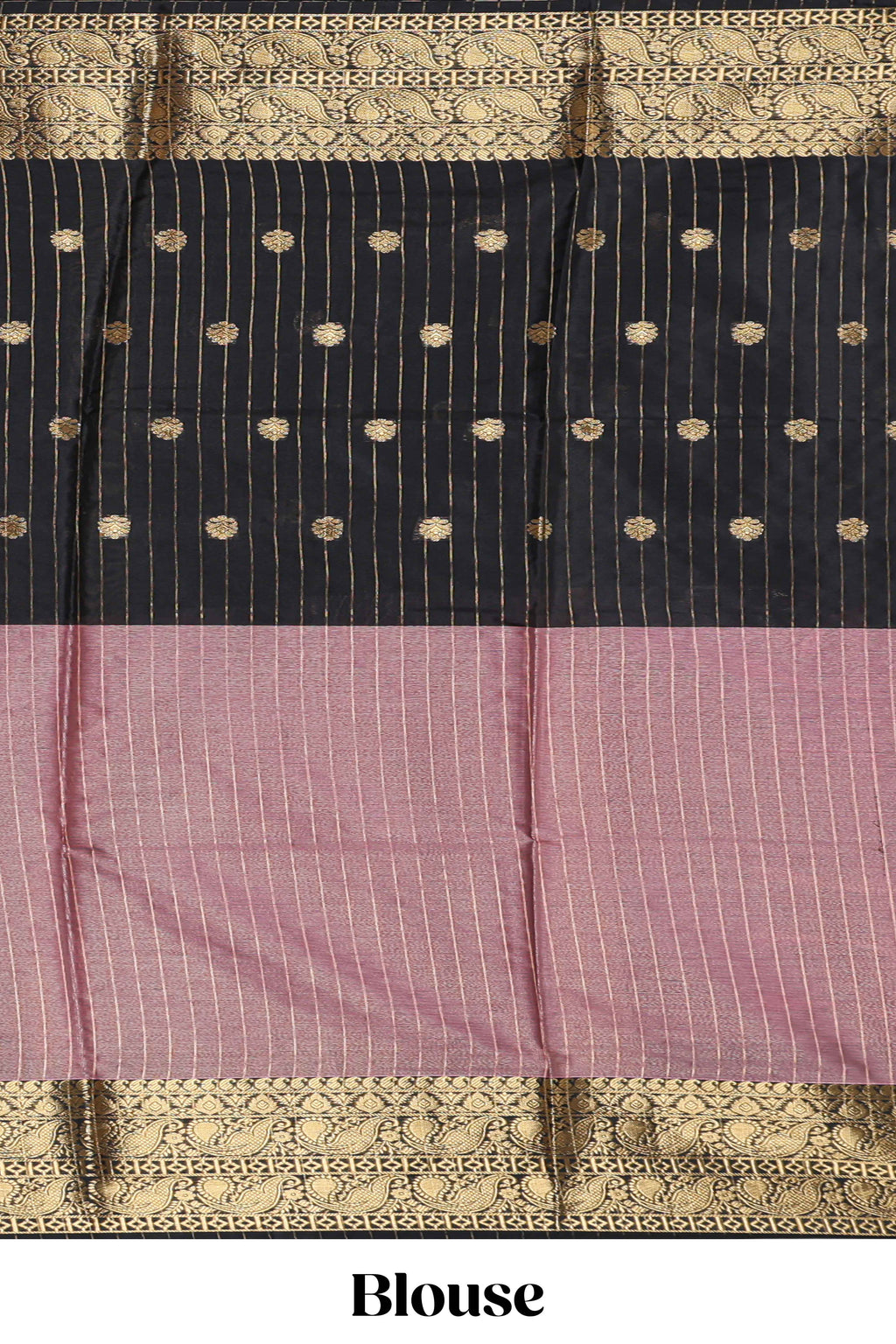 Black & Peach floral zari motifs design semi soft silk saree with self border and matching striped blouse