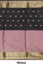 Black & Peach floral zari motifs design semi soft silk saree with self border and matching striped blouse