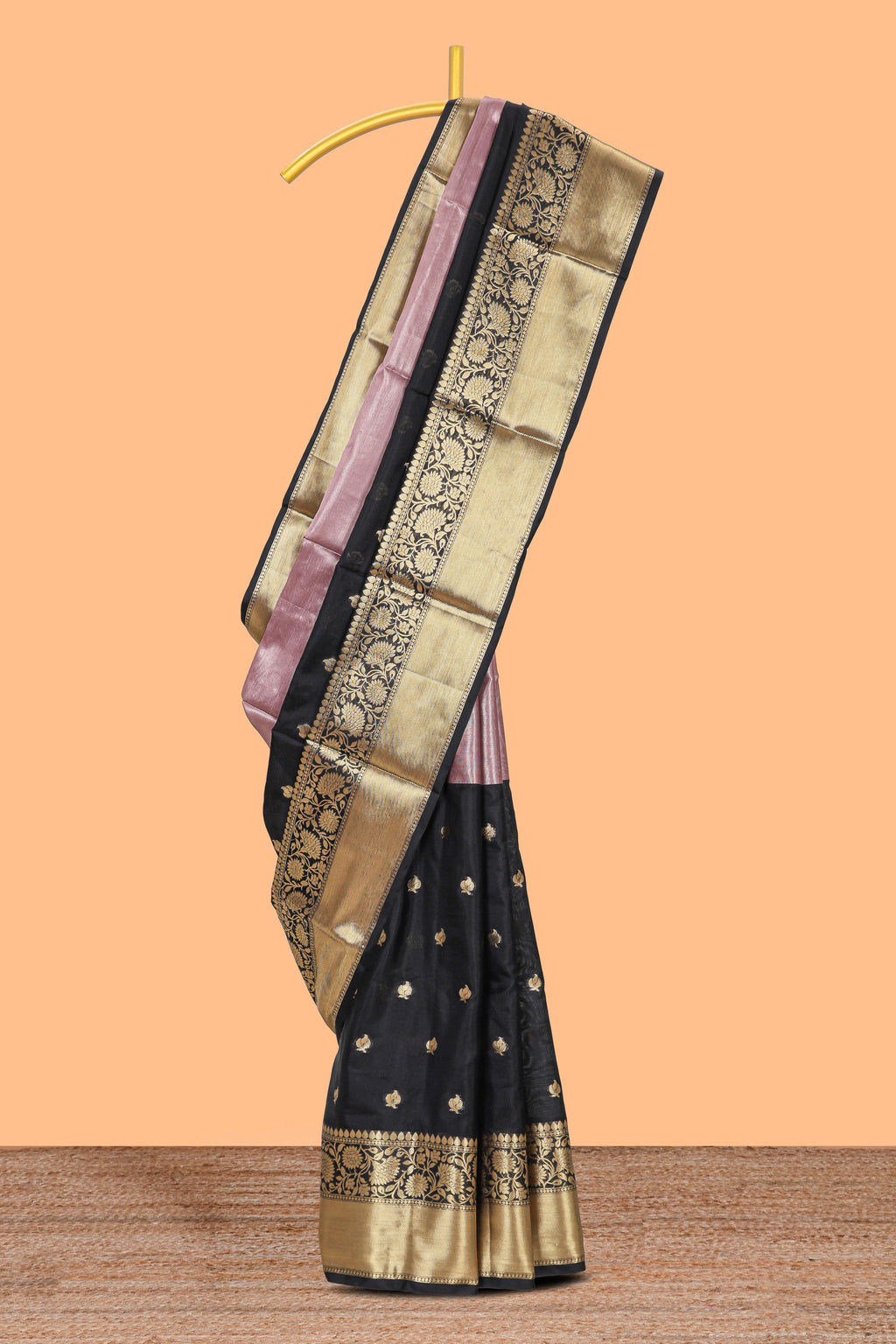 Black & Peach floral zari motifs design semi soft silk saree with self floral border and matching striped blouse