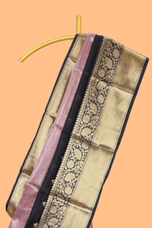Black & Peach floral zari motifs design semi soft silk saree with self floral border and matching striped blouse