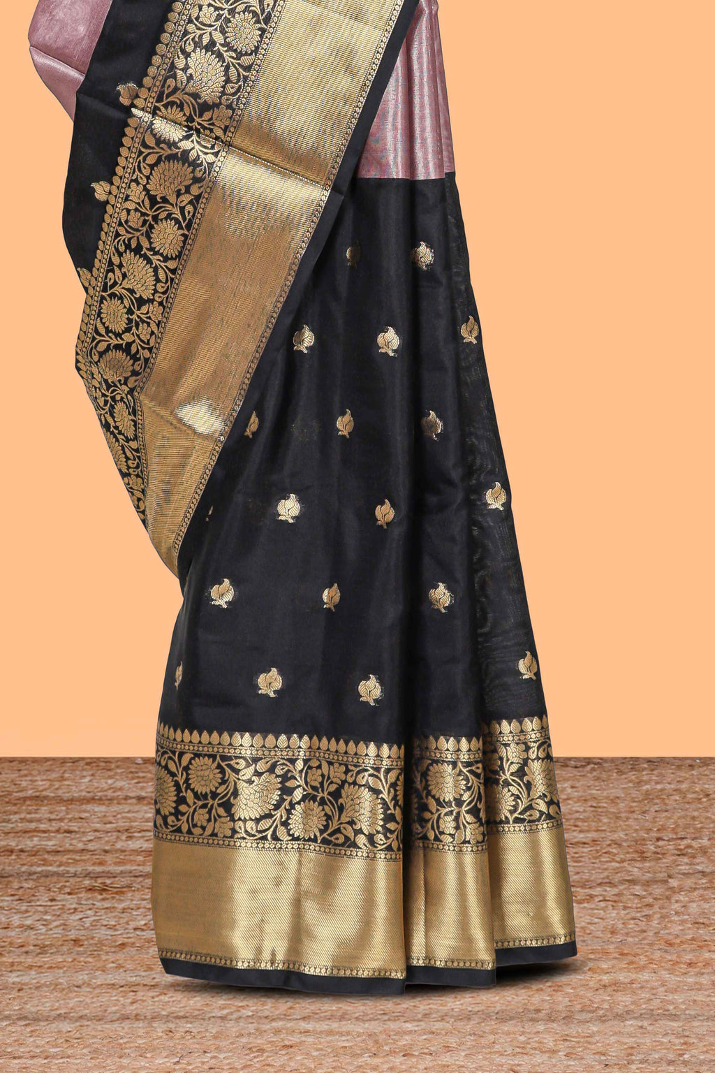 Black & Peach floral zari motifs design semi soft silk saree with self floral border and matching striped blouse