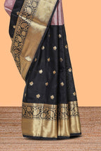 Black & Peach floral zari motifs design semi soft silk saree with self floral border and matching striped blouse