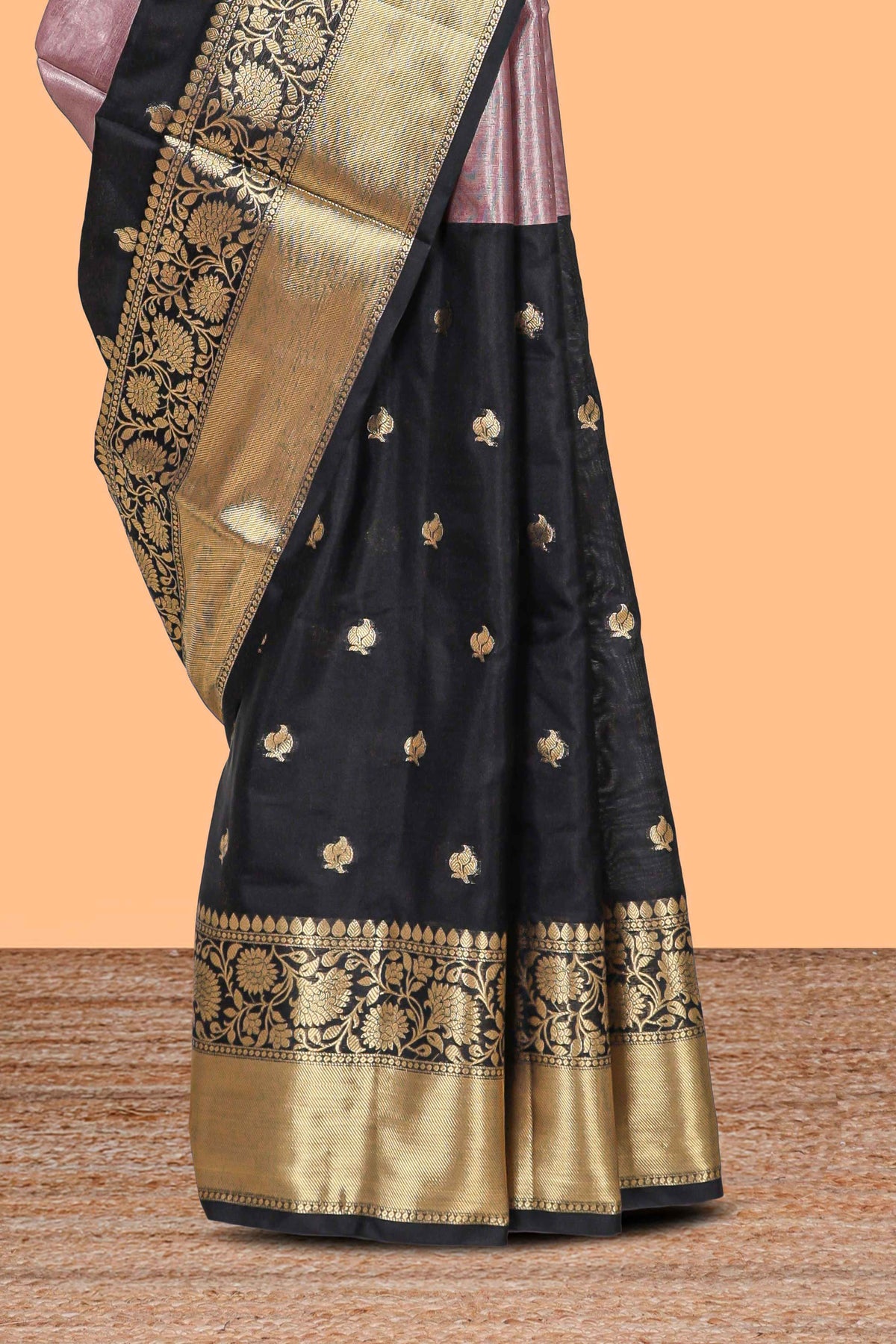 Black & Peach floral zari motifs design semi soft silk saree with self floral border and matching striped blouse