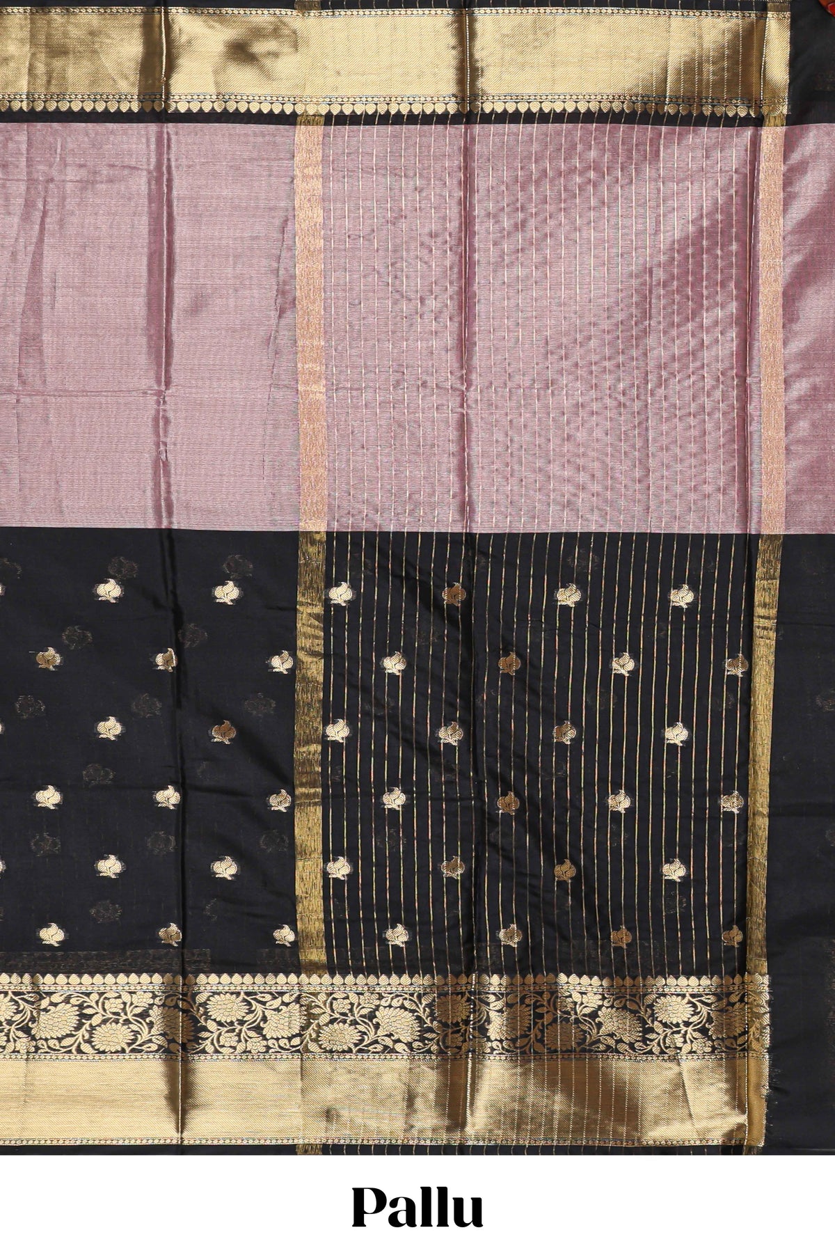 Black & Peach floral zari motifs design semi soft silk saree with self floral border and matching striped blouse