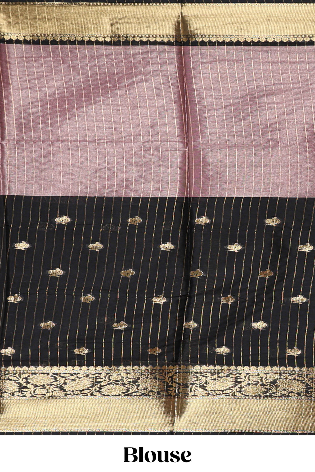 Black & Peach floral zari motifs design semi soft silk saree with self floral border and matching striped blouse
