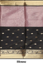 Black & Peach floral zari motifs design semi soft silk saree with self floral border and matching striped blouse