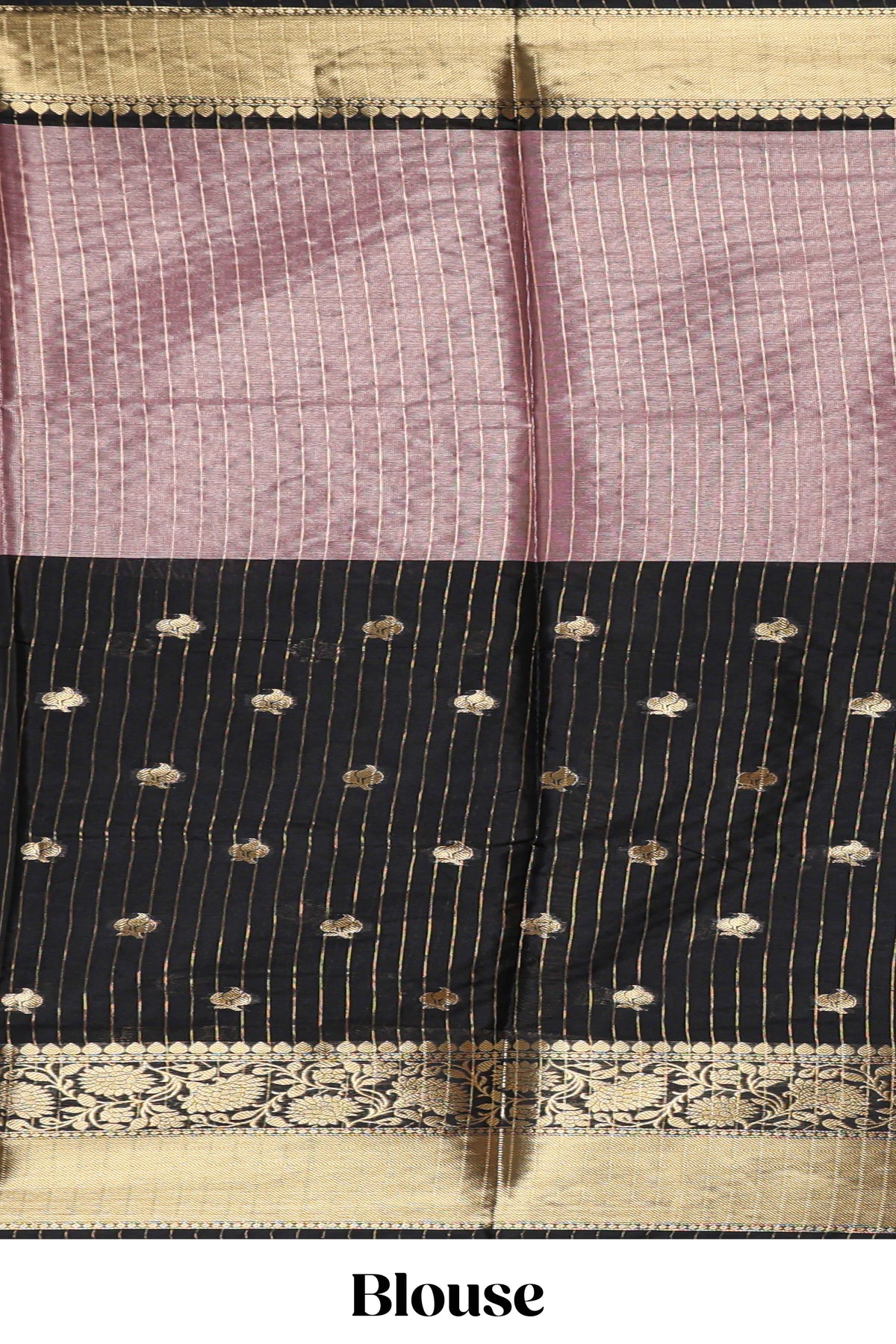 Black & Peach floral zari motifs design semi soft silk saree with self floral border and matching striped blouse