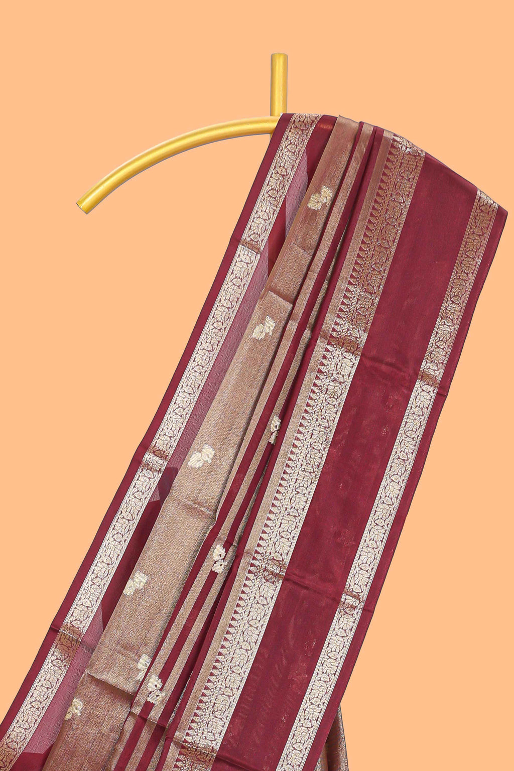 Maroon striped floral zari motifs design semi soft silk saree with self zari border and matching striped blouse