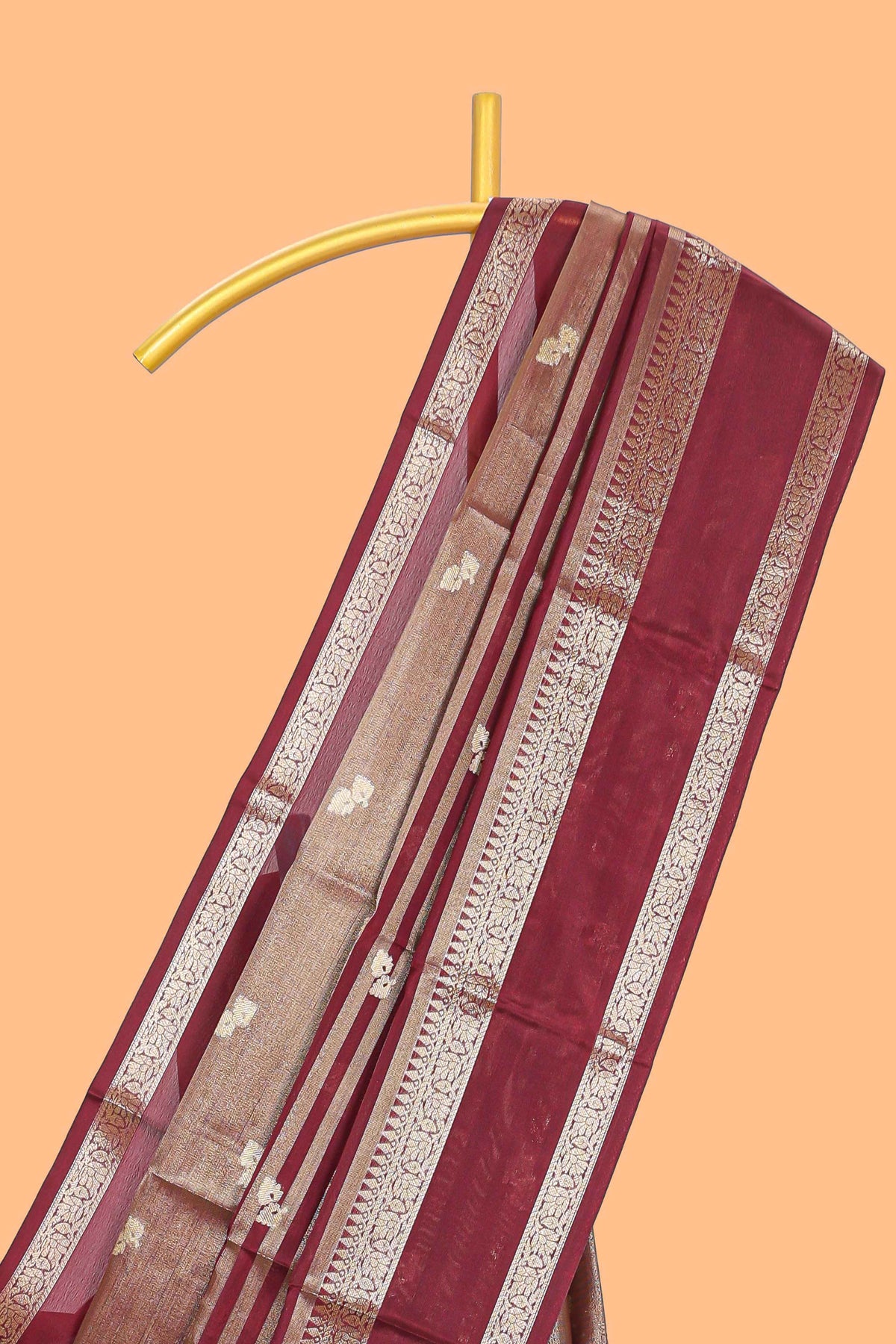 Maroon floral zari motifs design semi soft silk saree with self zari border and matching striped blouse