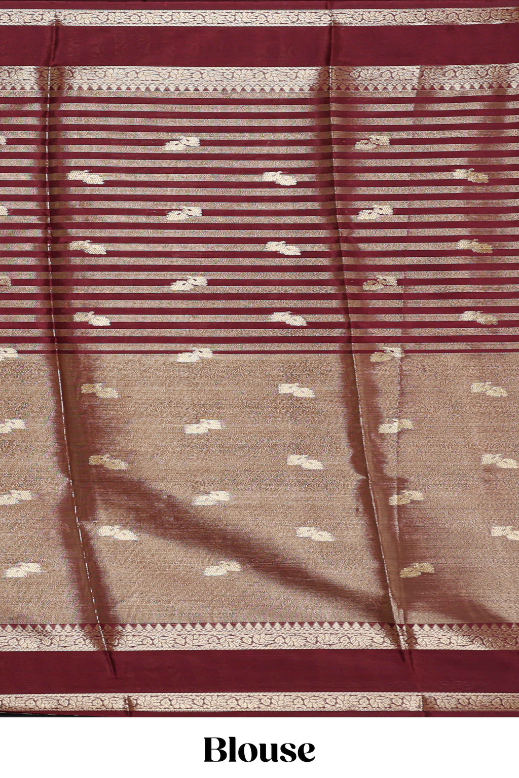 Maroon striped floral zari motifs design semi soft silk saree with self zari border and matching striped blouse