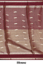 Maroon striped floral zari motifs design semi soft silk saree with self zari border and matching striped blouse