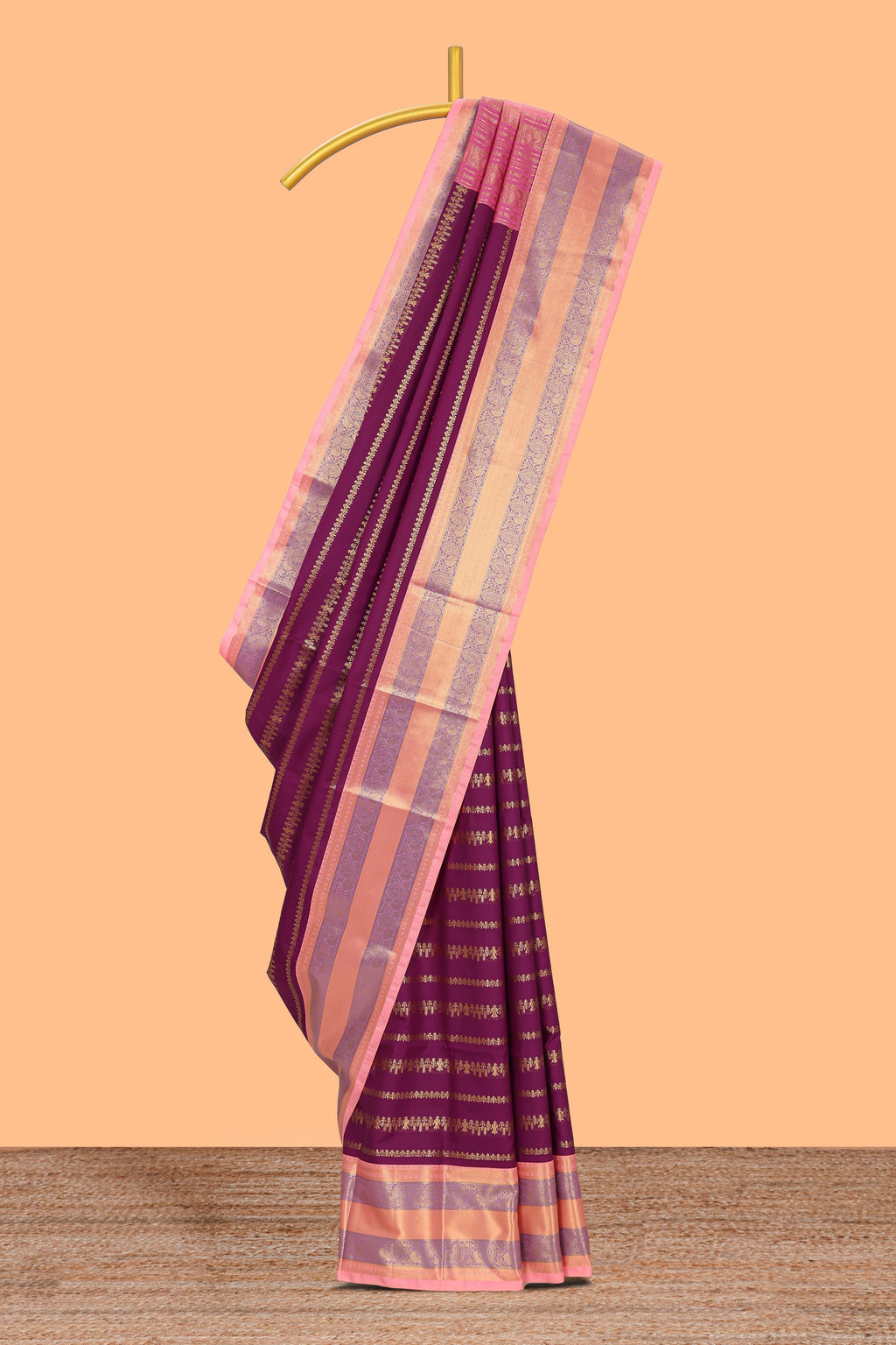 Purple striped floral and bird design semi soft silk saree with contrast bentex border and blouse