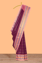 Purple striped floral and bird design semi soft silk saree with contrast bentex border and blouse