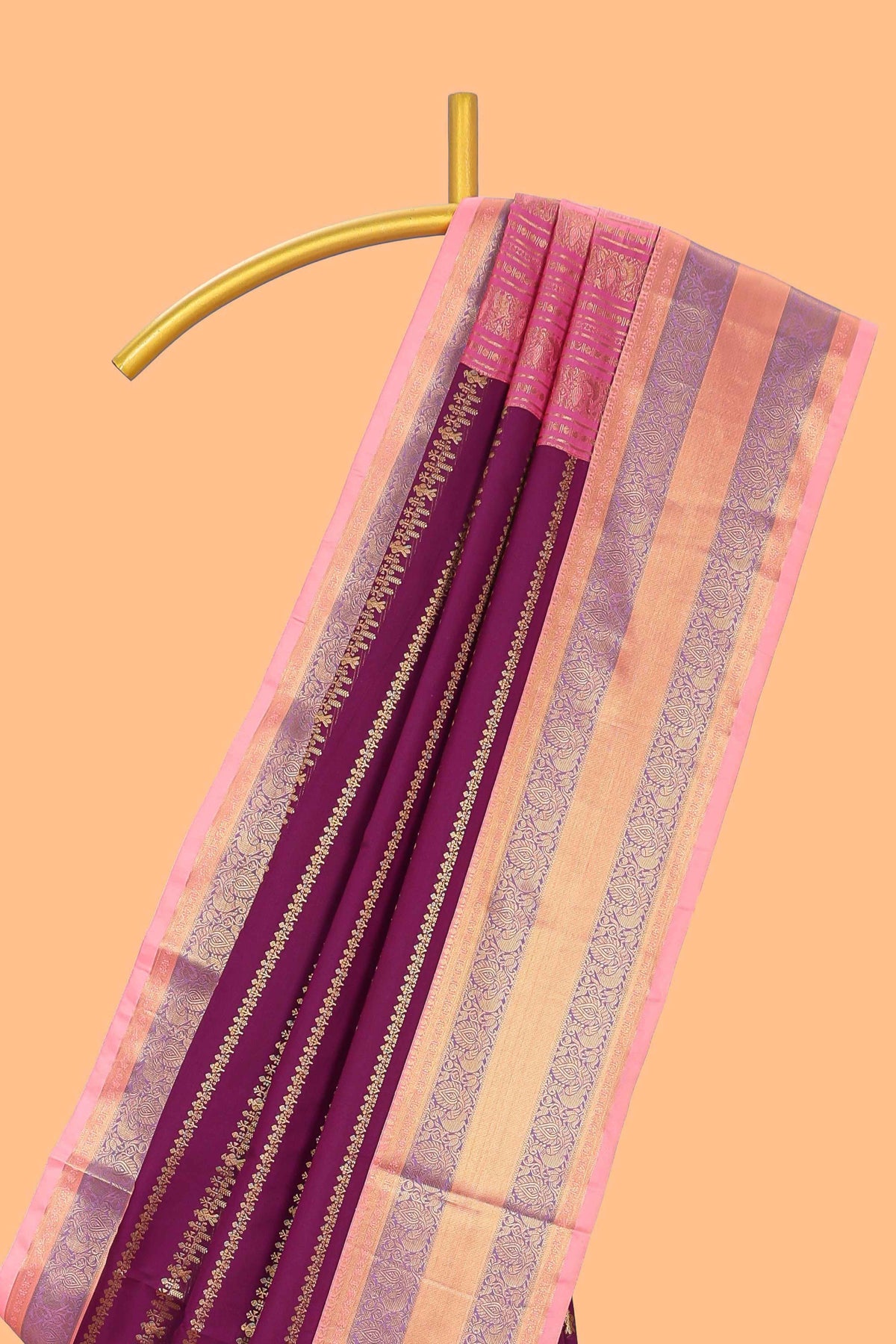 Purple striped floral and bird design semi soft silk saree with contrast bentex border and blouse