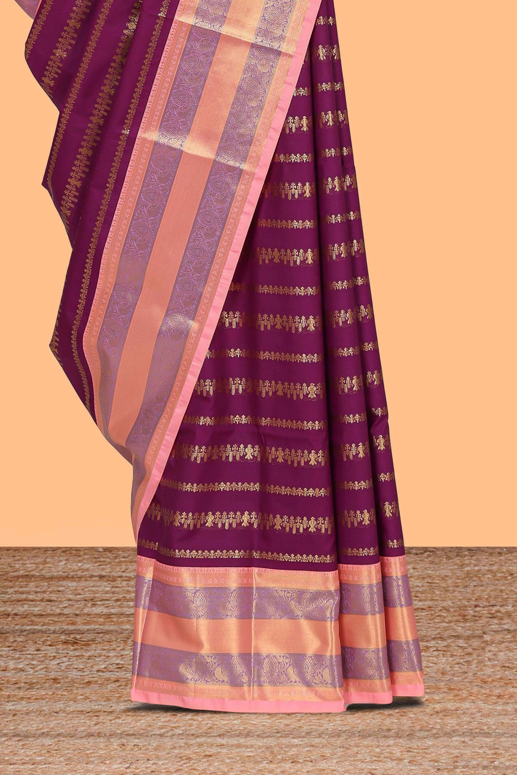 Purple striped floral and bird design semi soft silk saree with contrast bentex border and blouse
