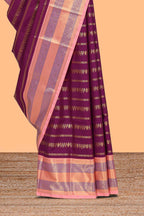 Purple striped floral and bird design semi soft silk saree with contrast bentex border and blouse