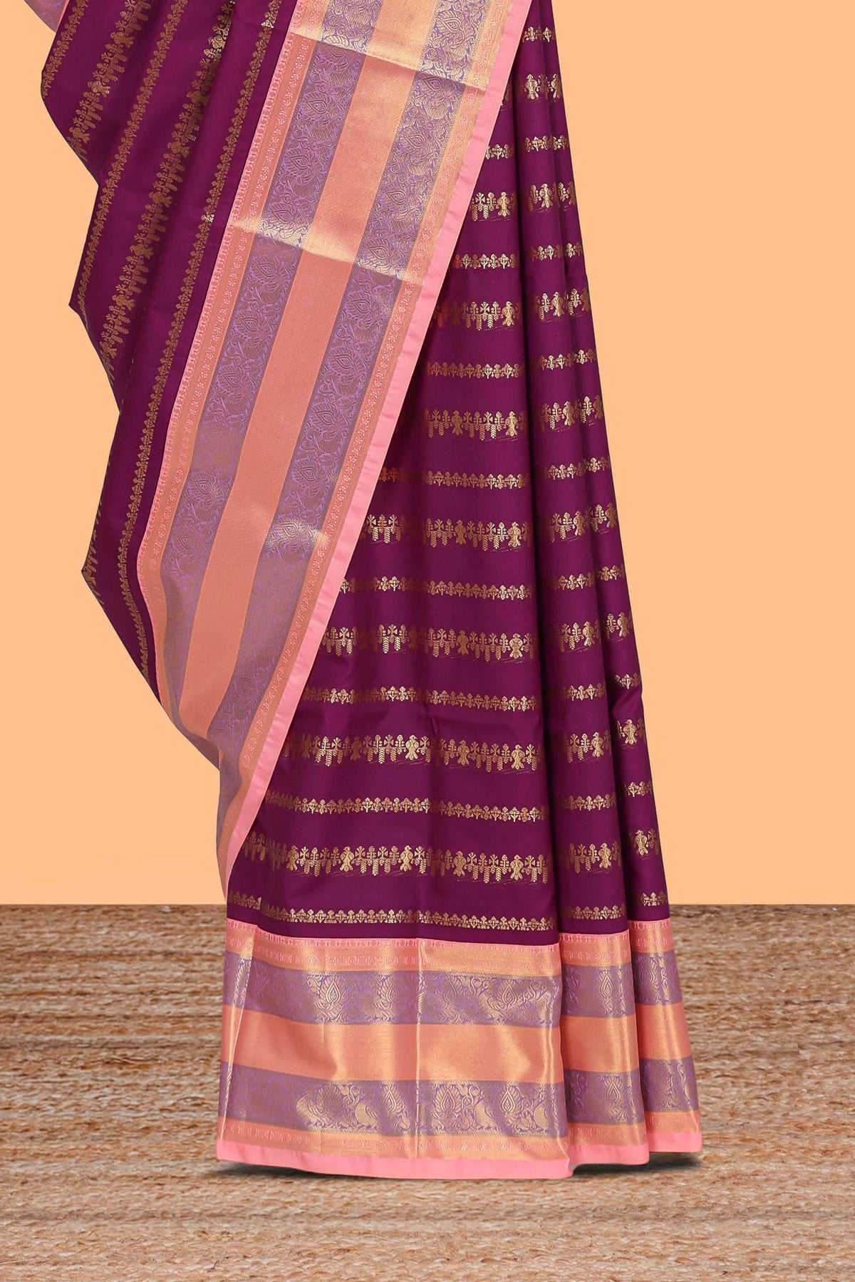 Purple striped floral and bird design semi soft silk saree with contrast bentex border and blouse
