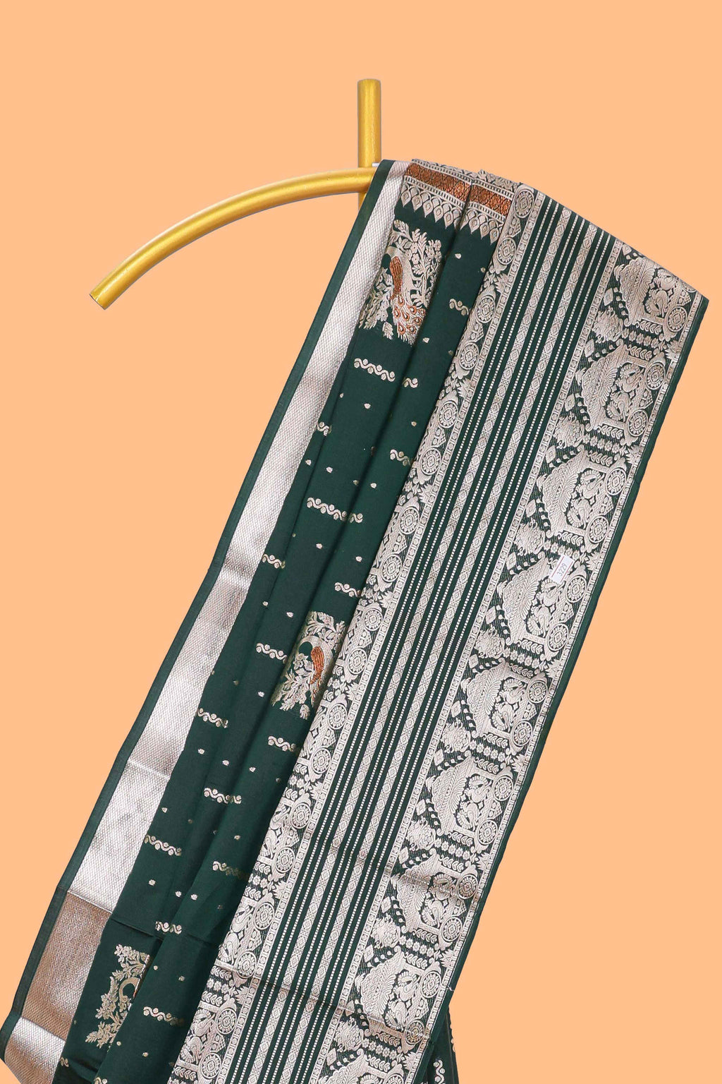 Green peacock motifs design semi soft silk saree with self zari border and matching blouse