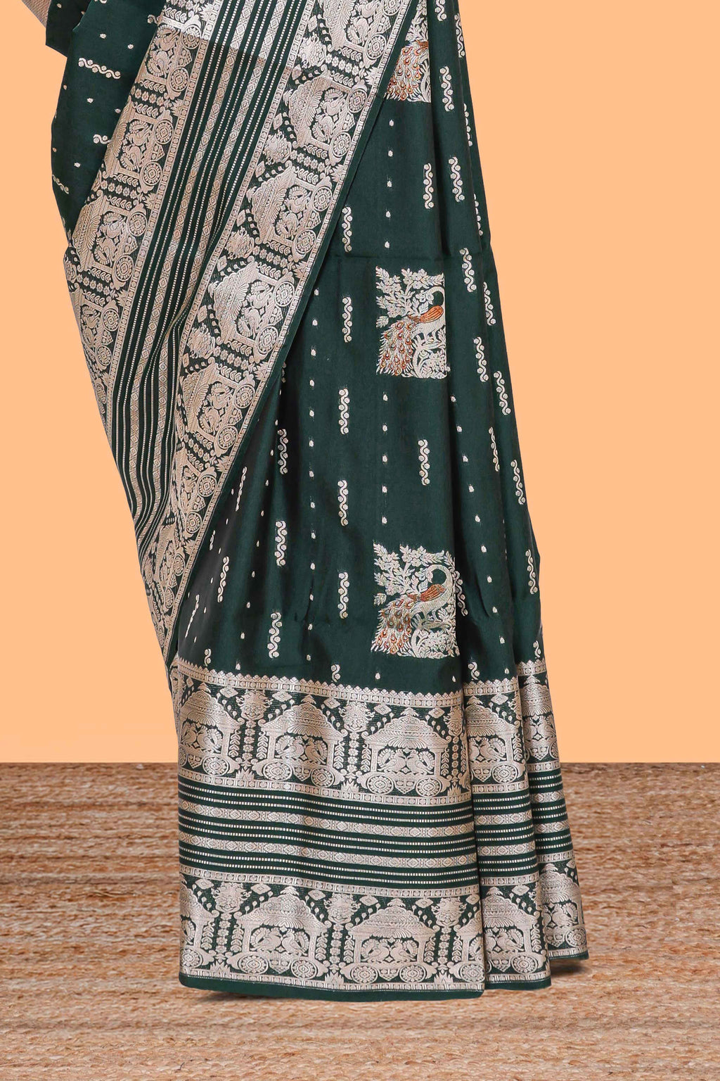 Green peacock motifs design semi soft silk saree with self zari border and matching blouse