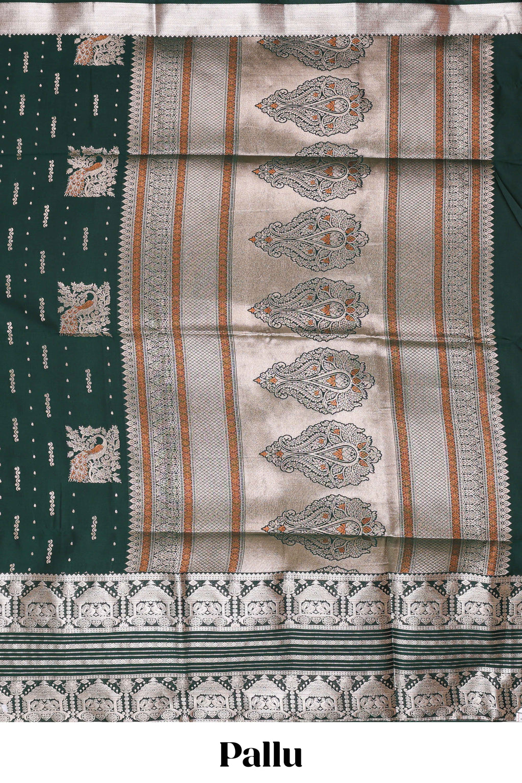 Green peacock motifs design semi soft silk saree with self zari border and matching blouse