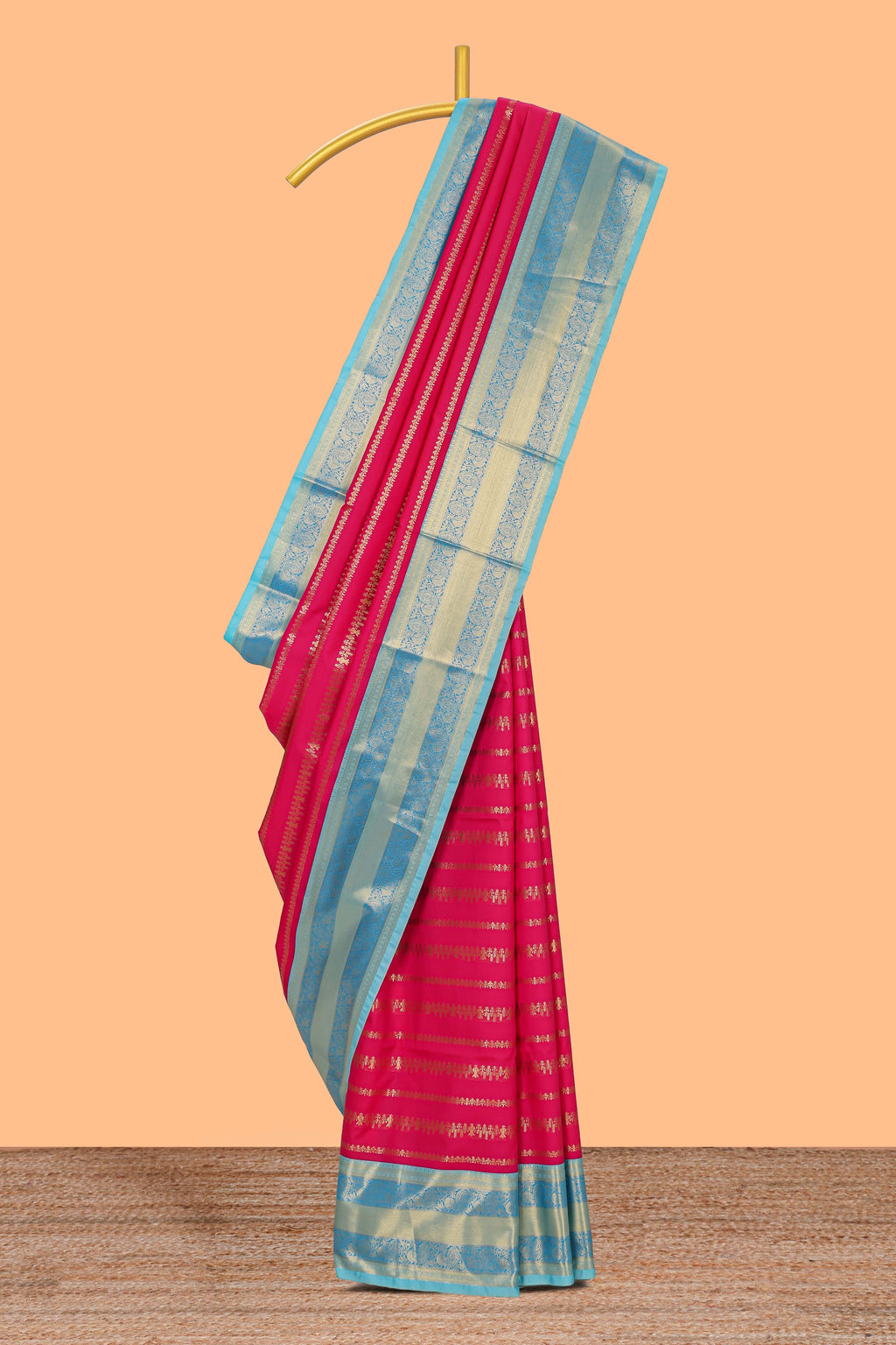 Pink striped floral and bird design semi soft silk saree with contrast bentex border and blouse