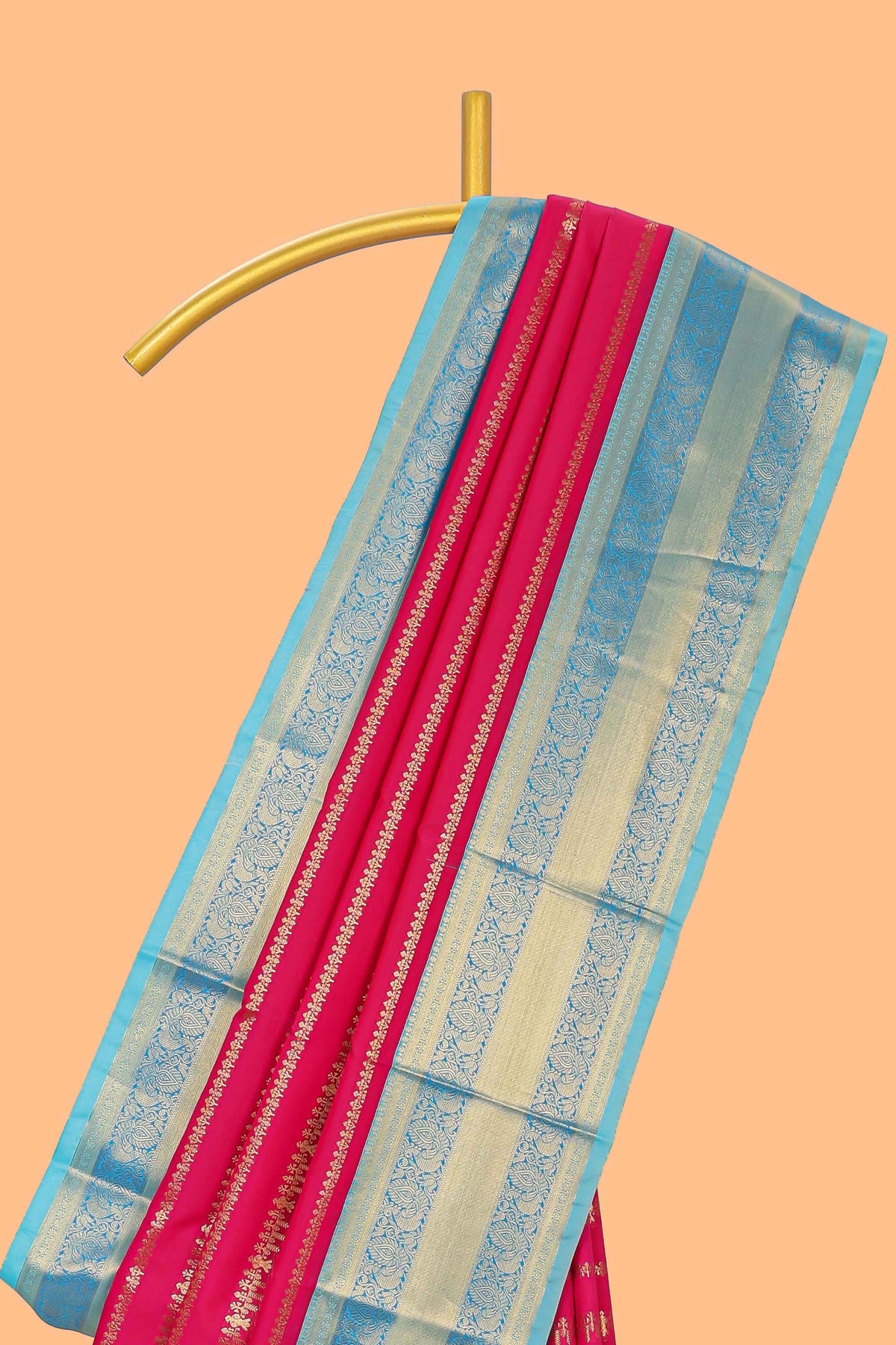Pink striped floral and bird design semi soft silk saree with contrast bentex border and blouse