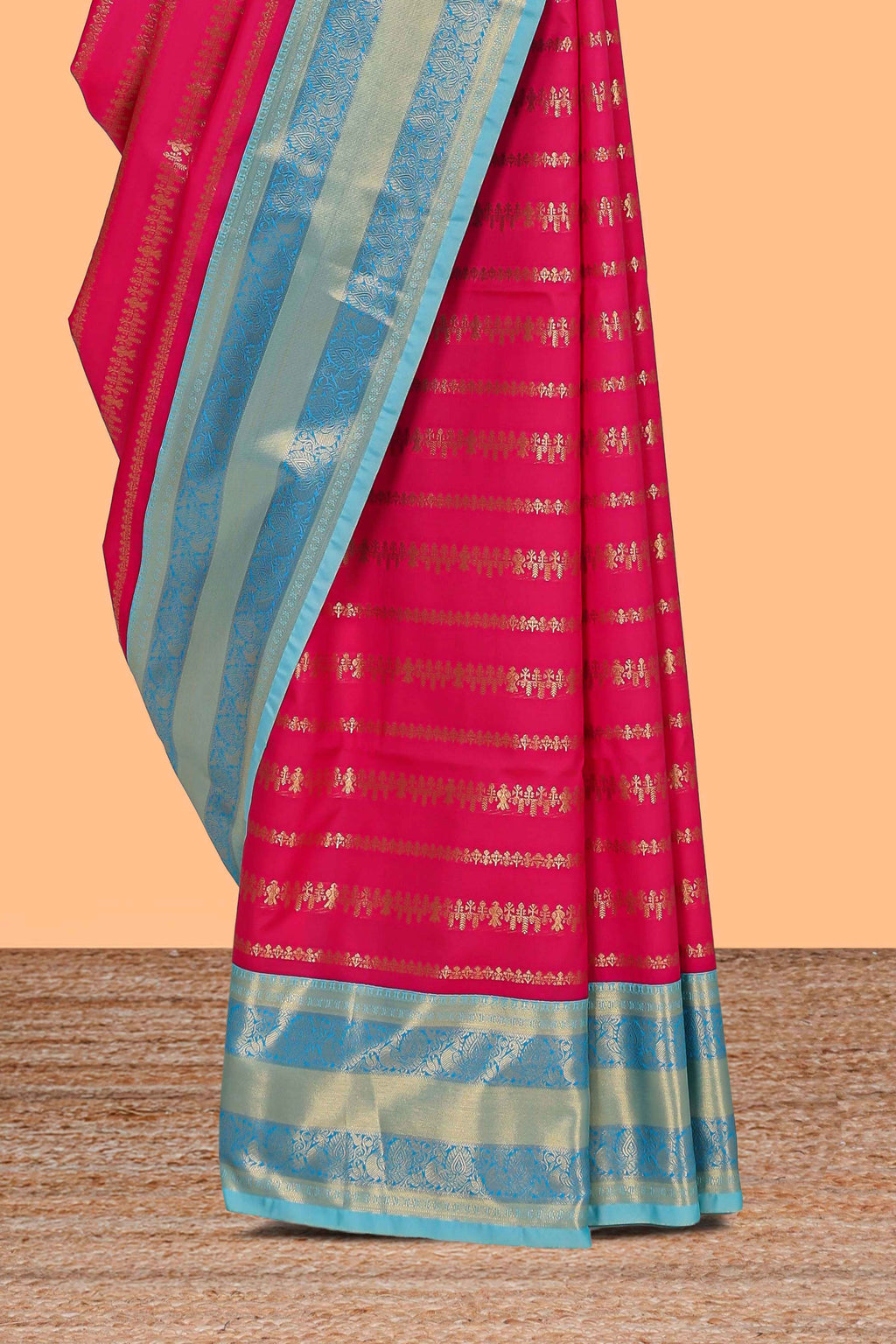 Pink striped floral and bird design semi soft silk saree with contrast bentex border and blouse