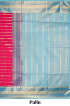 Pink striped floral and bird design semi soft silk saree with contrast bentex border and blouse