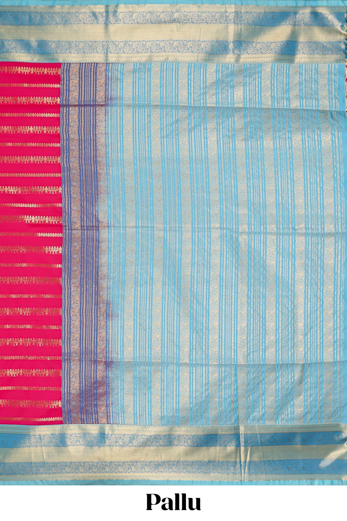 Pink striped floral and bird design semi soft silk saree with contrast bentex border and blouse