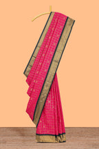 Pink checked floral motifs design semi soft silk saree with contrast border and striped blouse