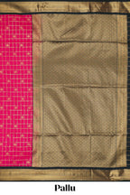 Pink checked floral motifs design semi soft silk saree with contrast border and striped blouse