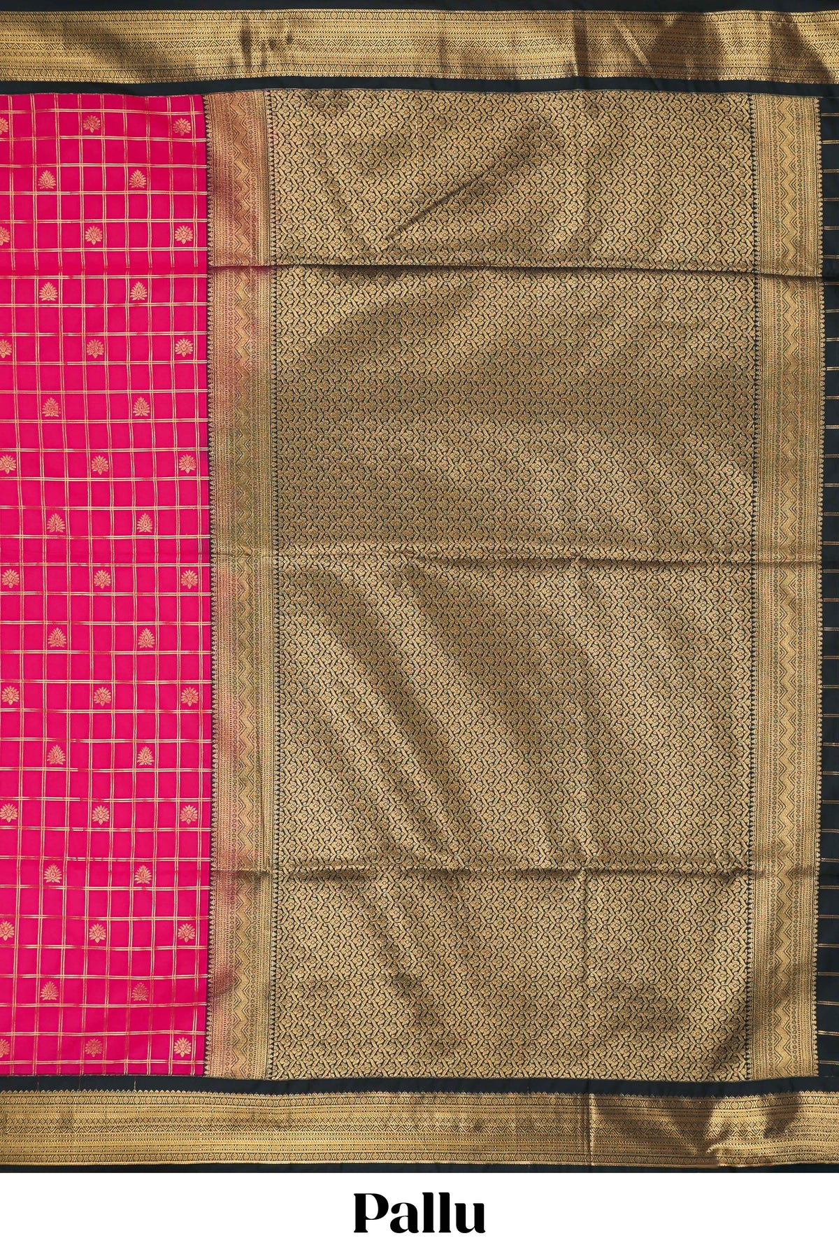 Pink checked floral motifs design semi soft silk saree with contrast border and striped blouse