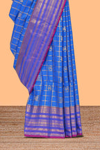 Blue checked peacock and unicorn motifs design semi soft silk saree with contrast border and blouse
