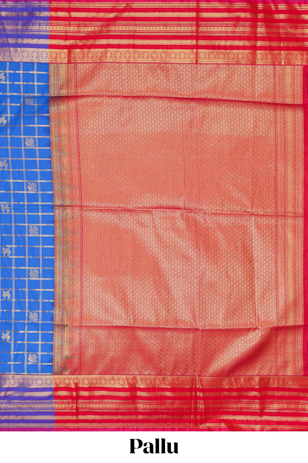 Blue checked peacock and unicorn motifs design semi soft silk saree with contrast border and blouse