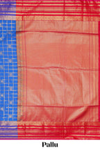 Blue checked peacock and unicorn motifs design semi soft silk saree with contrast border and blouse
