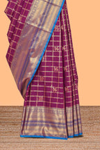 Purple checked peacock and unicorn motifs design semi soft silk saree with contrast border and blouse